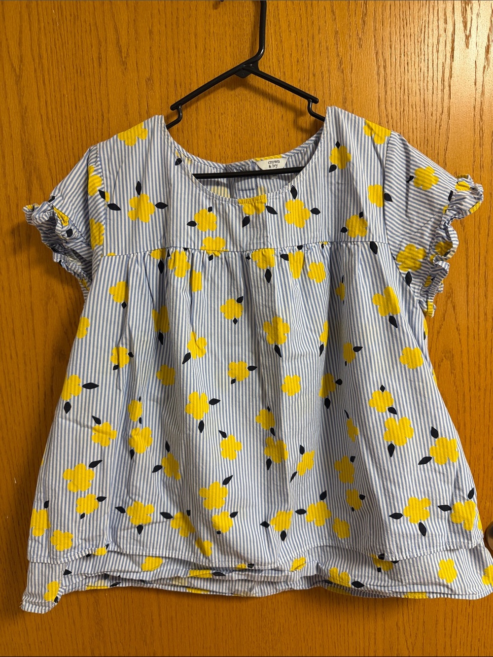 crown & ivy Blue and White Striped Top with Yellow Trim